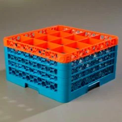 Carlisle RG16-4C412 - OptiClean™ 16 Compartment Glass Rack W/4 Extenders, Orange-Blue