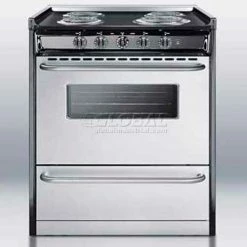Summit Appliance Summit-Slide-In Electric Range, 30"W, Stainless Steel Doors, Black Porcelain Top