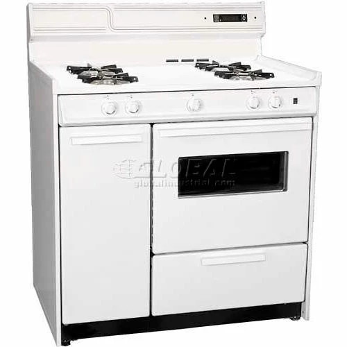 Summit Appliance Summit-Deluxe White Gas Range, Electronic Ignition, Clock/Timer, Oven Window Light, 36"W