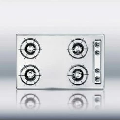 Summit Appliance Summit-30"W Gas Cooktop, Four Burners, Gas Spark Ignition, Brushed Chrome