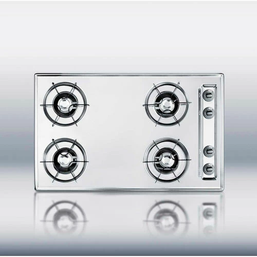 Summit Appliance Summit-30"W Gas Cooktop, Four Burners, Gas Spark Ignition, Brushed Chrome